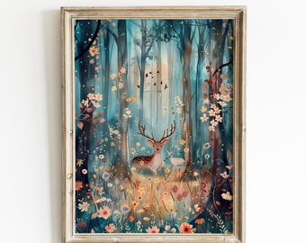 Whimsical Deer in Forest Nursery Art Print | 0086