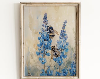 Bumble Bee Blue Flowers Art Print: Nature Illustration | 0098
