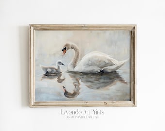 Swan and Cygnet Painting: Elegant Home Decor Art Print | 0051
