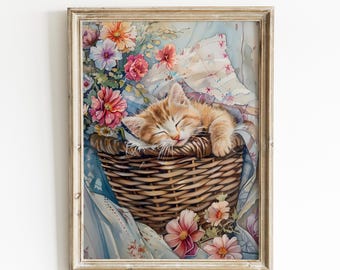 Sleeping Kitten in Basket Print | Nursery Wall Art | 0090