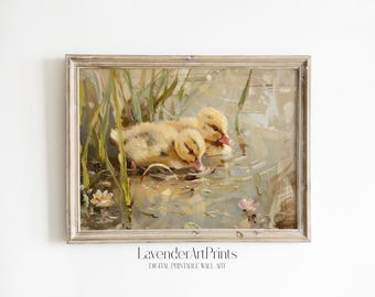 Impresión artística de pintura al óleo de un patito: Decoración infantil con colores suaves / 0063