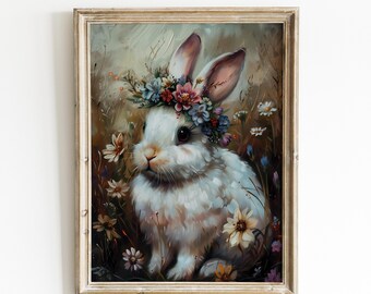 Kaninchen Blumenkrone Ölgemälde | Vintage Kunst für Mädchen | 0056