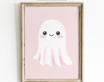 Ghost Nursery Wall Art Printable, Cute Pink Background for Baby Room Halloween Decor, Adorable Ghost Wall Art, Digital Print | 0290