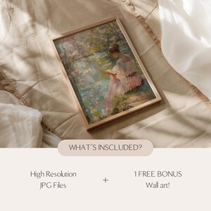 May include: A framed art print featuring a woman reading by a body of water, surrounded by pink blossoms. The artwork has a soft, impressionistic style with a light wooden frame. The text "WHAT'S INCLUDED?" is visible, along with "High Resolution JPG Files" and "1 FREE BONUS Wall art!"