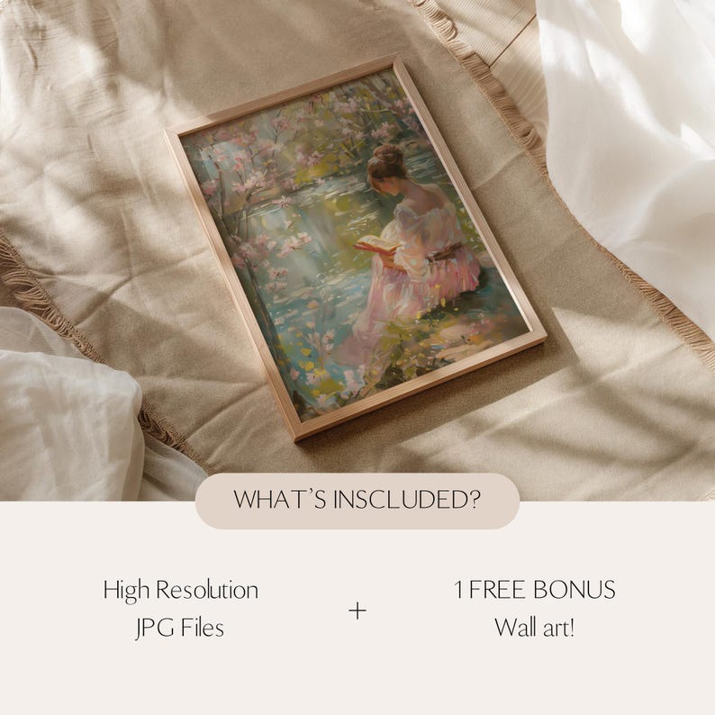 May include: A framed art print featuring a woman reading by a body of water, surrounded by pink blossoms. The artwork has a soft, impressionistic style with a light wooden frame. The text "WHAT'S INCLUDED?" is visible, along with "High Resolution JPG Files" and "1 FREE BONUS Wall art!"