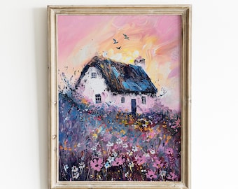 Pink Cottage Painting: Whimsical Countryside Wall Art | 0202