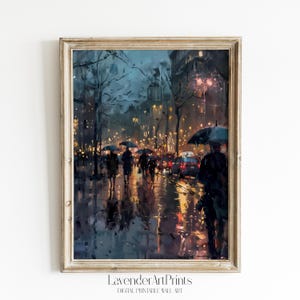 Rainy City Street Painting Printable Wall Art Digital Download Reflections Umbrellas & Colorful Night Lights Decor