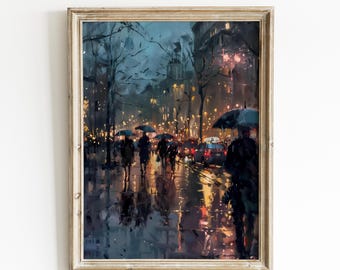 雨の夜、孤独な男の影 オリジナル水彩画 夜景 - Etsy 日本