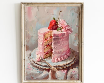 Coquette Cake Printable Painting Vintage Style Cake Artwork Dessert Wall Art Instant Download for Kitchen Decor | 0074