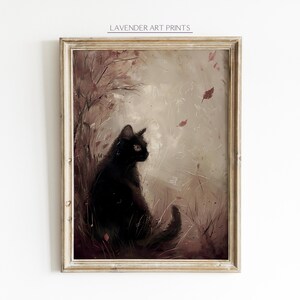 Black Cat Wall Art, Dark Moody Autumn Scene with Fall Leaves, Warm Cozy Living Room Decoration, Gift for Cat Lovers