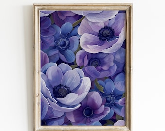 青いアネモネの花の水彩画：花のファインアート - Etsy 日本