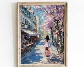 Cherry Blossom Bicycle Painting: Spring Pastel Wall Art | 0099