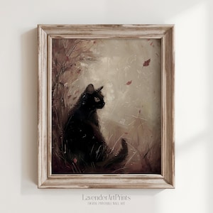 Black Cat Wall Art, Dark Moody Autumn Scene with Fall Leaves, Warm Cozy Living Room Decoration, Gift for Cat Lovers