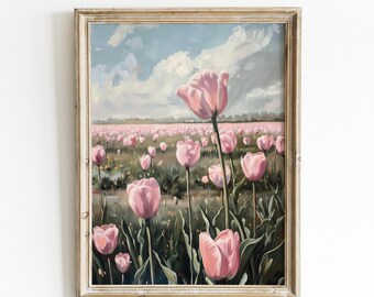 Pastel Pink Tulip Painting: Cottagecore Floral Wall Art | 0059