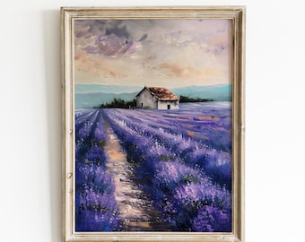 Lavender Field Landscape Painting: Soft Pastel Meadow Art | 0044