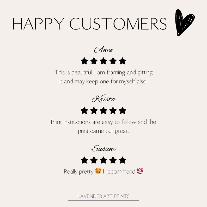 May include: A cream-colored print with the words "HAPPY CUSTOMERS" at the top. Below are customer reviews with five-star ratings. The text includes customer names and comments. The bottom of the print reads "LAVENDER ART PRINTS". A black heart is in the upper right corner.