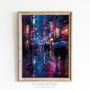 Rainy City Street Oil Painting with Umbrellas and Reflections Printable Wall Art Gift