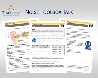 Health and Safety Toolbox Talk on Noise. Hearing, Health Effects, Legislation, Noise Reduction, PPE. MS Word .docx Template.