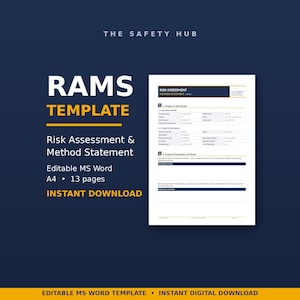 Puede incluir: Una plantilla de documento digital titulada THE SAFETY HUB RAMS TEMPLATE Risk Assessment & Method Statement. El archivo MS Word editable es tamaño A4, tiene 13 páginas e incluye secciones para detalles del proyecto, sitio y alcance de trabajos.