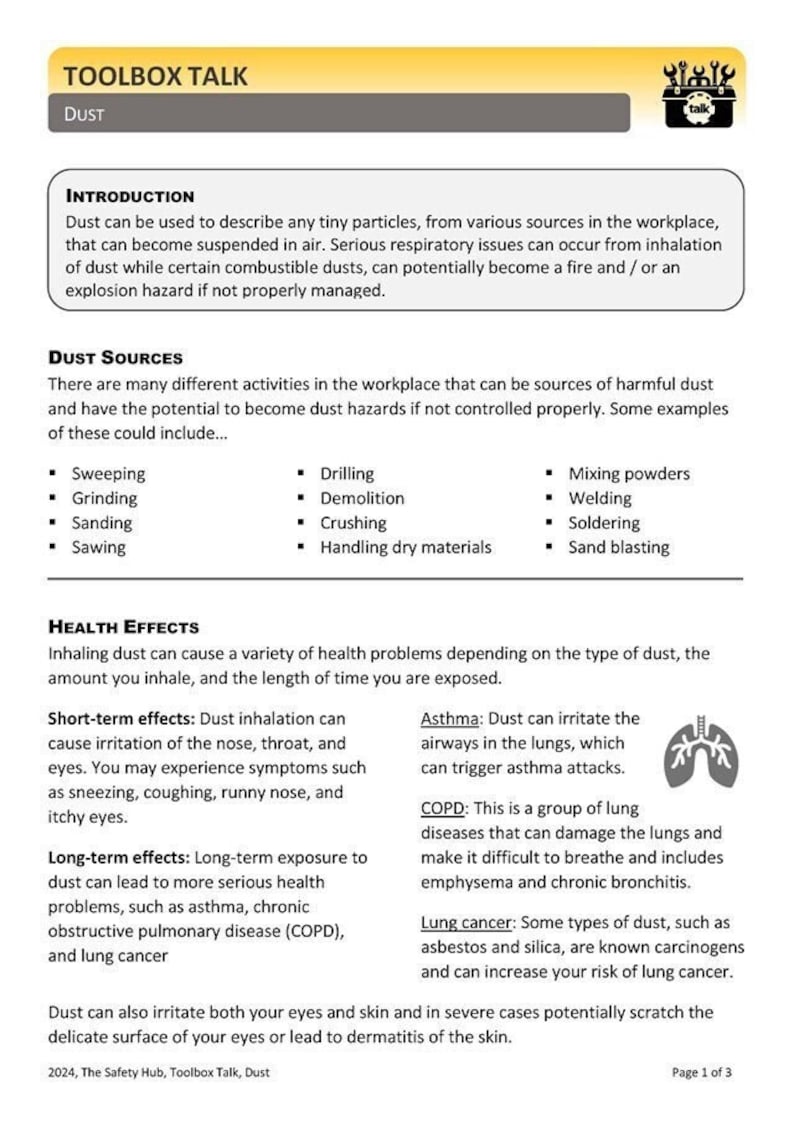 Health and Safety Toolbox Talk on Dust. Sources / Activities, Health