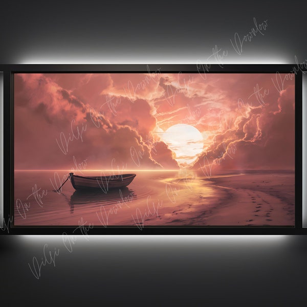 Serenity at Dusk - Solitary Boat & Crimson Skies Digital Frame TV Art