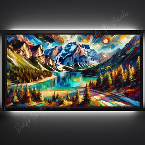 May include: A vibrant, abstract painting depicting a mountain lake scene. The painting features a blue lake surrounded by green trees and mountains. The sky is a mix of blue, purple, and yellow with swirling clouds. The painting has a whimsical, dreamlike quality.
