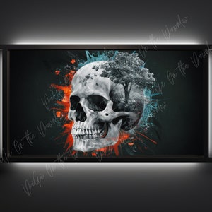 Könnte beinhalten: Ein digitaler Kunstdruck mit einem weißen Schädel, aus dem ein Baum wächst. Der Schädel ist von Spritzern in Orange, Blau und Grün umgeben.
