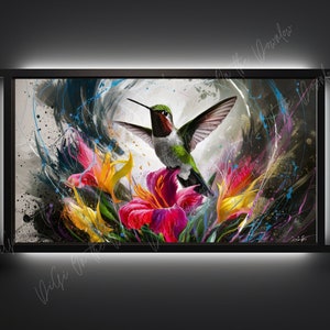 Vibrant Nectar - Abstract Hummingbird and Floral Splatter Art for Frame TV