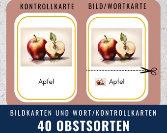 Bildkarten Obst für Kinder und Eltern, Lernkarten Obstsorten für Kindergarten, Erzieher, Ernährung, Montessori Material, Wortschatz, PDF