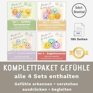 Könnte beinhalten: Ein digitales Bildungspaket mit vier Projektmappen für Kindergarten und Vorschule. Jedes Set zeigt bunte Emoji-Figuren, die verschiedene Gefühle darstellen, ergänzt durch deutsche Titel, Seitenzahlen und PDF-Symbole für den Download.