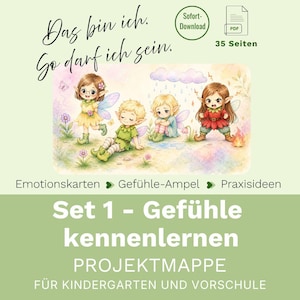 Puede incluir: Un conjunto de carpetas de proyectos digitales con cuatro personajes de hadas con diferentes expresiones y poses. El texto incluye: Das bin ich. So darf ich sein. Sofort-Download 35 Seiten. Emotionskarten, Gefühle-Ampel, Praxisideen. Set 1 - Gefühle kennenlernen PROJEKTMAPPE FÜR KINDERGARTEN UND VORSCHULE.
