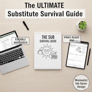 May include: A white spiral-bound notebook titled "THE SUB SURVIVAL GUIDE" with a sun illustration, a laptop, and a tablet. The laptop displays a document, and the tablet shows a PDF. Text includes "EDITABLE WORD DOCX" and "PRINT-READY PDF".