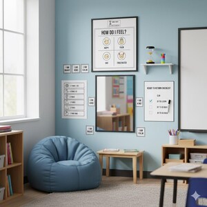 Op de afbeelding: Een klaslokaal met een blauwe zitzak, houten meubels en posters aan de muur. Posters zijn onder meer "How Do I Feel?" en een "Ready to Return Checklist". De kamer heeft een raam en een spiegel.