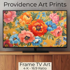 Könnte beinhalten: Ein gerahmter TV-Kunstdruck mit einem farbenfrohen Blumendesign mit roten, rosa, blauen und gelben Blumen auf gelbem Hintergrund. Der Text "Frame TV Art" und "4 K - 16:9 Ratio" wird unter dem Bild angezeigt.