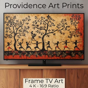 May include: A framed print of a colorful painting depicting a group of people dancing in a forest. The painting is in a 4K - 16:9 ratio and is titled "Frame TV Art".