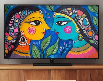 Arte con marco para televisor Samsung: pintura tradicional india: dos mujeres indias: Madhubani: colorida obra de arte asiática: descarga digital: ASTV4