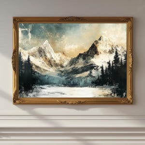 May include: A framed painting of a snowy mountain range with a lake in the foreground. The mountains are painted in shades of blue, white, and brown, and the lake is a light blue. The sky is a light blue with some clouds.
