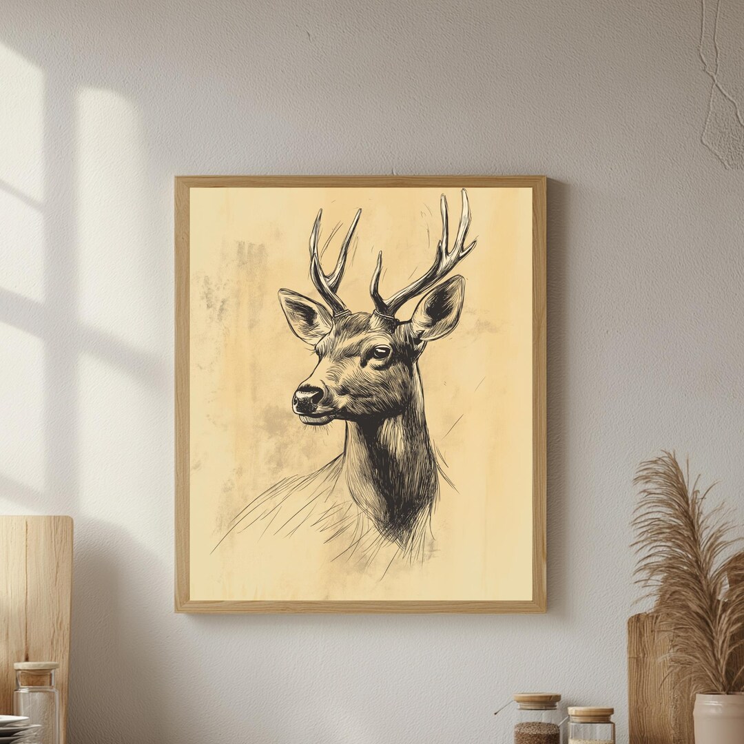Rustic Sketch Drawing - Deer Face - Country Art Print - Farmhouse Decor ...