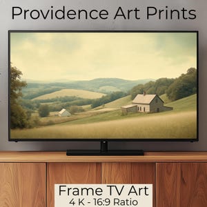 Pode incluir: Uma impressão de arte de TV emoldurada que apresenta uma cena de paisagem com uma casa de fazenda à distância. A impressão está em resolução 4K e tem uma proporção de aspecto de 16:9. O texto "Frame TV Art" e "4K - 16:9 Ratio" é exibido abaixo da imagem.