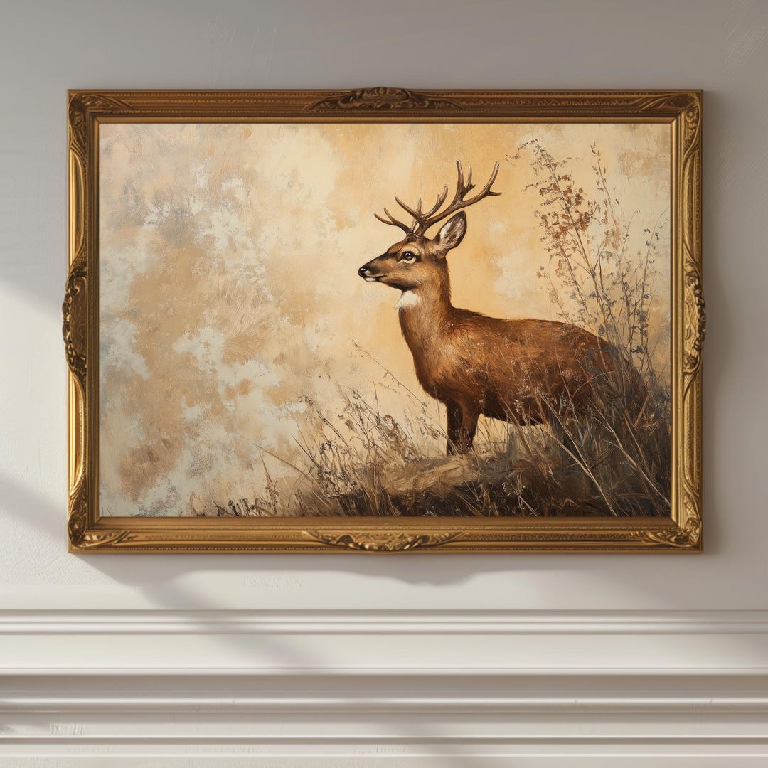 Vintage Deer Oil Painting - Fine Art Print - Vintage - Rustic Muted ...