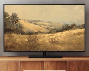 May include: A framed landscape painting of a rolling hillside with a hazy sky. The painting is displayed on a television screen with the text "Frame TV Art 4K - 16:9 Ratio" below it.