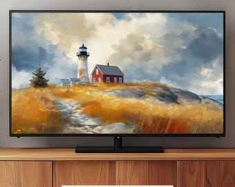 Samsung TV Frame Art - Lighthouse By Sea - Summer Beach House Art - Rustic - Fine Art Painting - Vintage Style - Digital Download - FL-72
