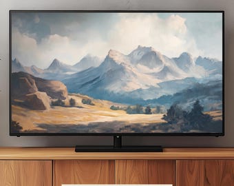 May include: A flat-screen TV displays a landscape painting of mountains and a valley. The artwork features a color palette of blues, browns, and whites. The text "Providence Art Prints" is at the top, and "Frame TV Art" and "4 K - 16:9 Ratio" are at the bottom.