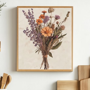 Floral Art Print - Vintage Blumen und Kräuter Bouquet - Botanische - Blumen im Bündel - Bauernhaus Dekor - Minimalistisch - Digital Download - VF1