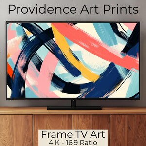 May include: Abstract art print featuring bold, colorful brushstrokes in shades of blue, pink, yellow, and white. The print is displayed on a black framed TV screen, suggesting a modern and contemporary style. The text "Frame TV Art 4K - 16:9 Ratio" is displayed below the screen.