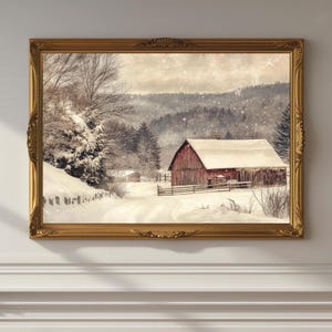 Red Barn In Winter - Fine Art Painting - Vintage - Rustic Muted Colors - Farmhouse Wall Decor - Cottage Artwork - Digital Download - LD3