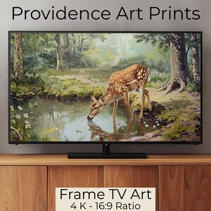 May include: A framed print of a deer drinking from a pond in a woodland setting. The print is on a TV screen with the text "Frame TV Art" and "4K - 16:9 Ratio" below the screen.