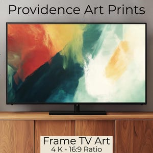 May include: A television screen displaying abstract art in shades of red, yellow, green, and blue. The TV is on a wooden cabinet with the text "Frame TV Art 4K - 16:9 Ratio" below it.