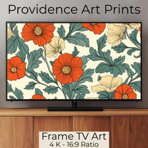 May include: A framed TV screen displaying a floral pattern with orange and white flowers on a cream background. The text "Frame TV Art" and "4 K - 16:9 Ratio" is displayed below the screen.