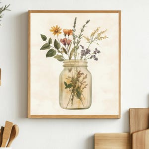 Floral Art Print - Einmachglas Voller Blumen und Kräuter - Minimalistisch - Botanisch - Bauernhaus Wand Dekor - Vintage - Digital Download - J1
